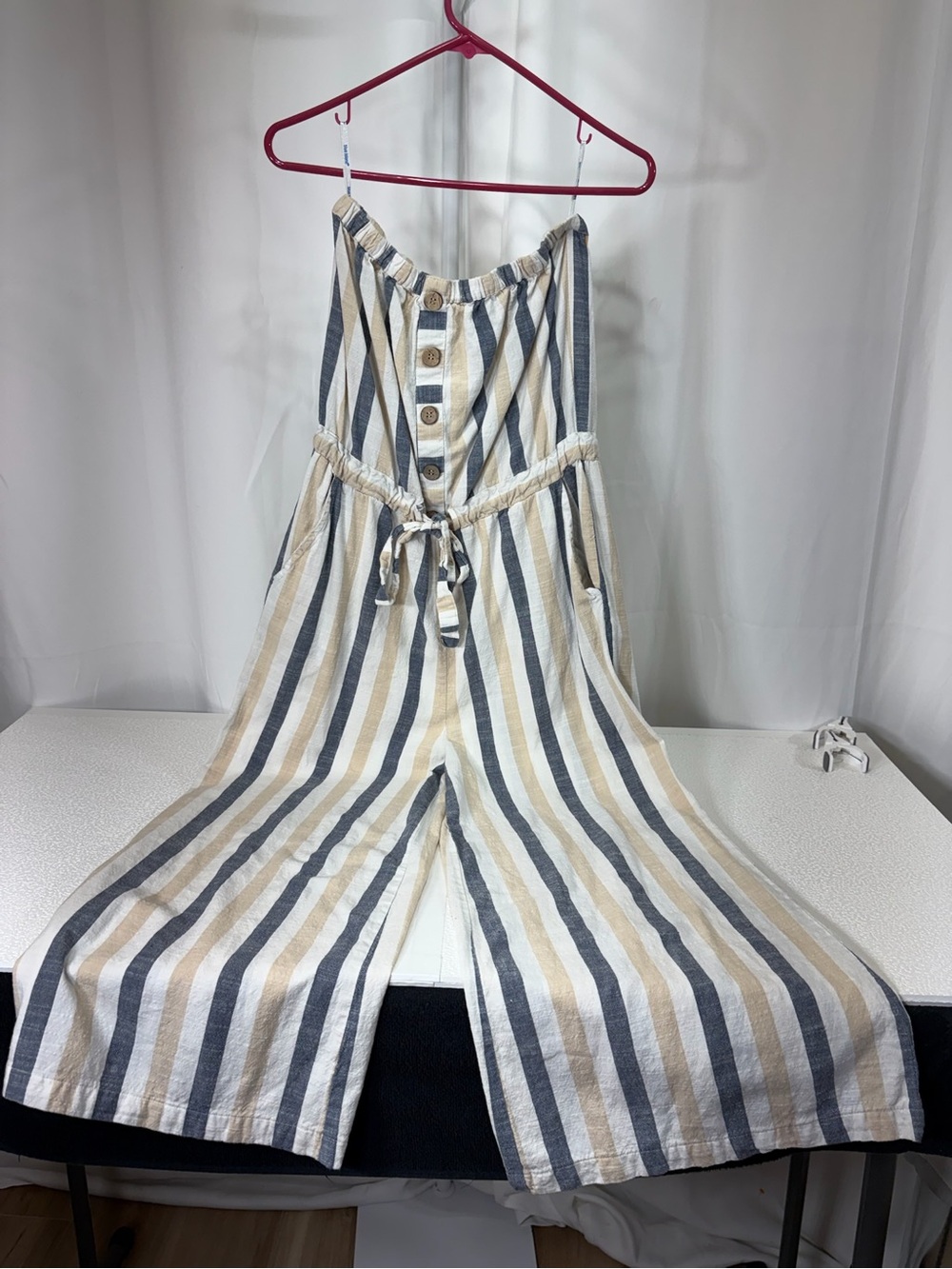blue island Cream, Navy & Tan Striped Strapless Wide-Leg Jumpsuit 3817